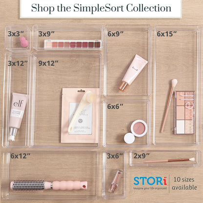 SimpleSort 3-Piece Stackable Clear Drawer Organizer Set | 9" x 6" x 2" Rectangle Trays | Wide Makeup Vanity Storage Bins and Office Desk Drawer Dividers | Made in USA