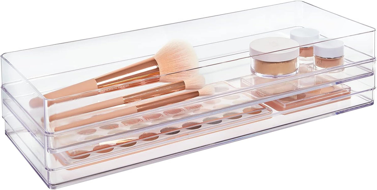 SimpleSort 3-Piece Stackable Clear Drawer Organizer Set | 9" x 6" x 2" Rectangle Trays | Wide Makeup Vanity Storage Bins and Office Desk Drawer Dividers | Made in USA