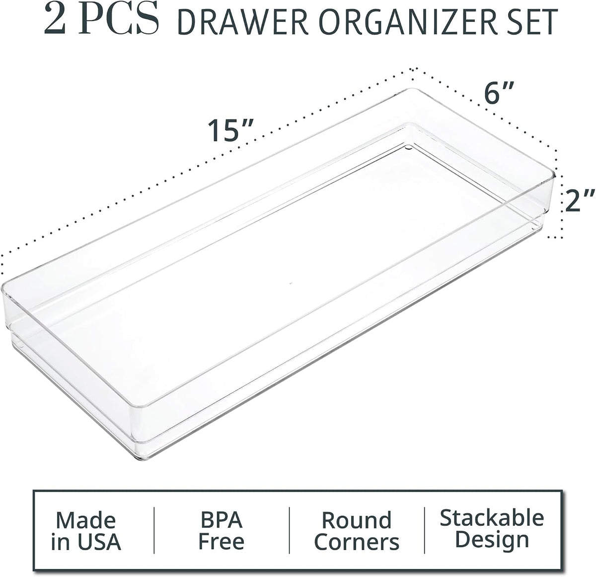 SimpleSort 3-Piece Stackable Clear Drawer Organizer Set | 9" x 6" x 2" Rectangle Trays | Wide Makeup Vanity Storage Bins and Office Desk Drawer Dividers | Made in USA