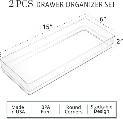 SimpleSort 3-Piece Stackable Clear Drawer Organizer Set | 9" x 6" x 2" Rectangle Trays | Wide Makeup Vanity Storage Bins and Office Desk Drawer Dividers | Made in USA