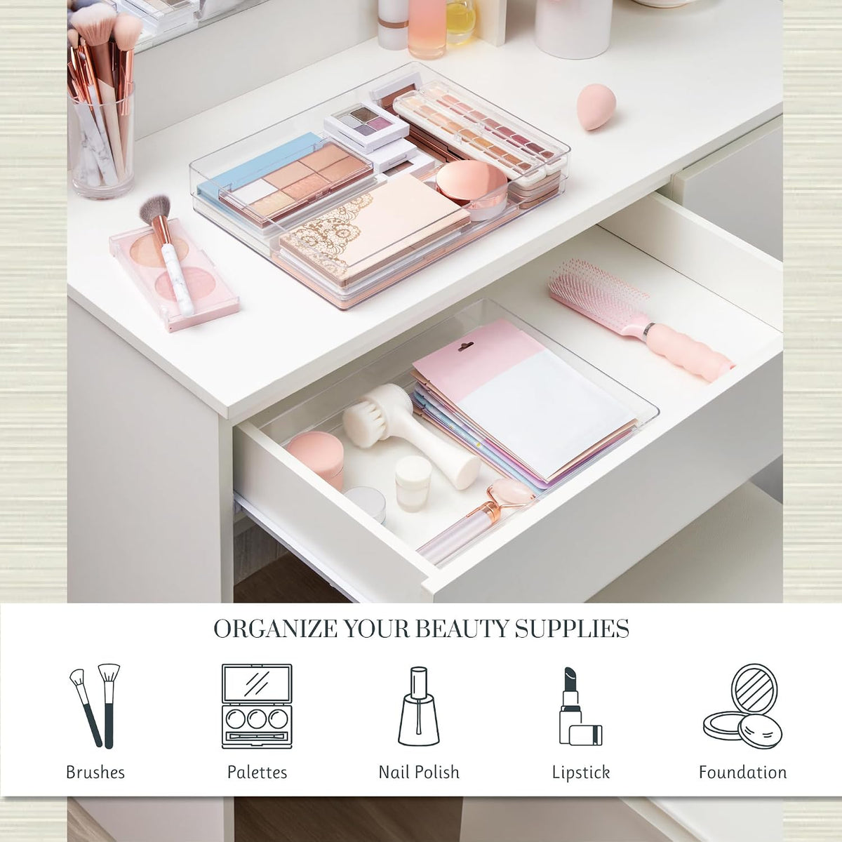 SimpleSort 3-Piece Stackable Clear Drawer Organizer Set | 9" x 6" x 2" Rectangle Trays | Wide Makeup Vanity Storage Bins and Office Desk Drawer Dividers | Made in USA