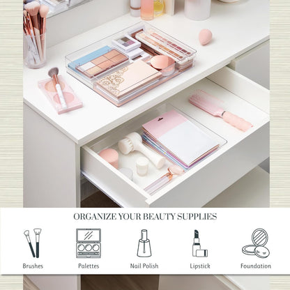 SimpleSort 3-Piece Stackable Clear Drawer Organizer Set | 9" x 6" x 2" Rectangle Trays | Wide Makeup Vanity Storage Bins and Office Desk Drawer Dividers | Made in USA