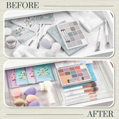 SimpleSort 3-Piece Stackable Clear Drawer Organizer Set | 9" x 6" x 2" Rectangle Trays | Wide Makeup Vanity Storage Bins and Office Desk Drawer Dividers | Made in USA