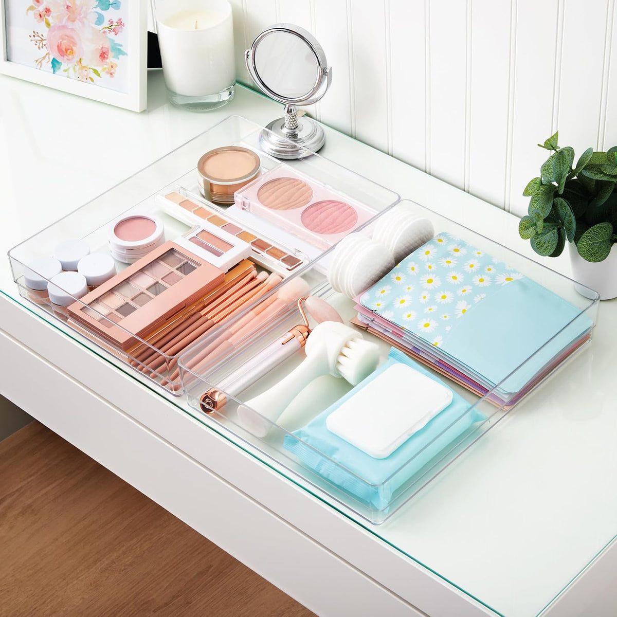 SimpleSort 3-Piece Stackable Clear Drawer Organizer Set | 9" x 6" x 2" Rectangle Trays | Wide Makeup Vanity Storage Bins and Office Desk Drawer Dividers | Made in USA