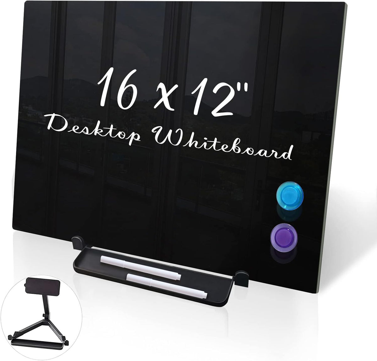 Black Magnetic Glass Board Desktop Easel, 16x12 Black Dry Erase Board for Desk, Tabletop Glass Whiteboard on Adjustable Stand, Portable Tempered Glass Board for Office Home