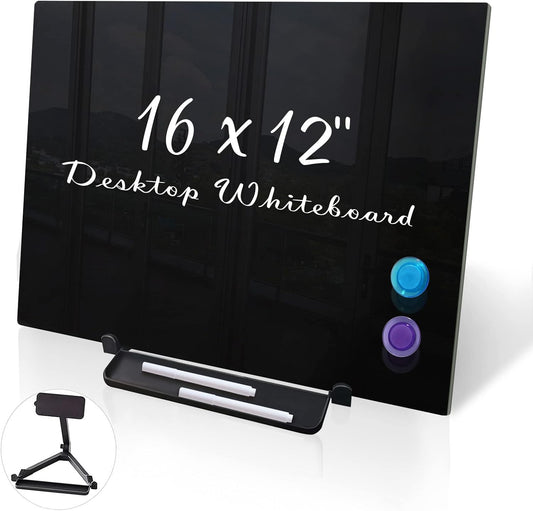 Black Magnetic Glass Board Desktop Easel, 16x12 Black Dry Erase Board for Desk, Tabletop Glass Whiteboard on Adjustable Stand, Portable Tempered Glass Board for Office Home
