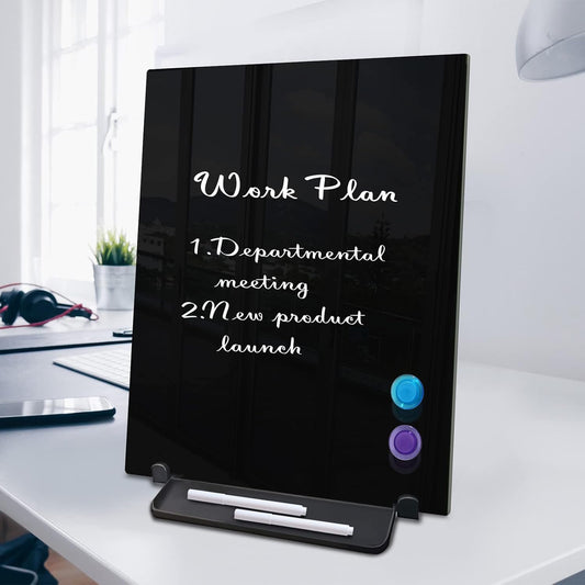 Black Magnetic Glass Board Desktop Easel, 16x12 Black Dry Erase Board for Desk, Tabletop Glass Whiteboard on Adjustable Stand, Portable Tempered Glass Board for Office Home