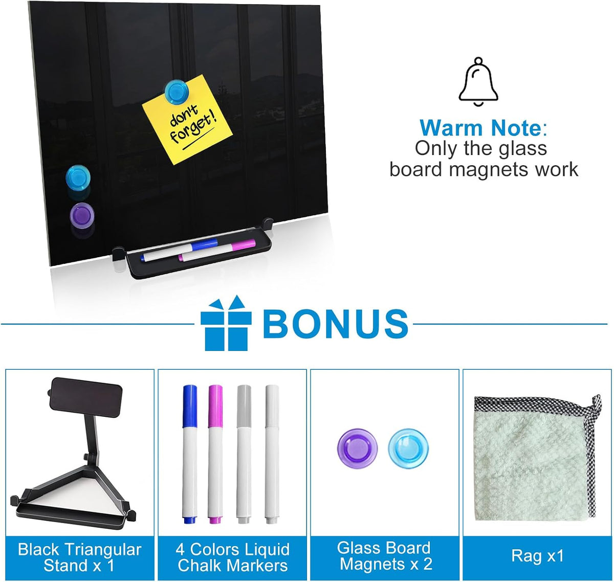 Black Magnetic Glass Board Desktop Easel, 16x12 Black Dry Erase Board for Desk, Tabletop Glass Whiteboard on Adjustable Stand, Portable Tempered Glass Board for Office Home
