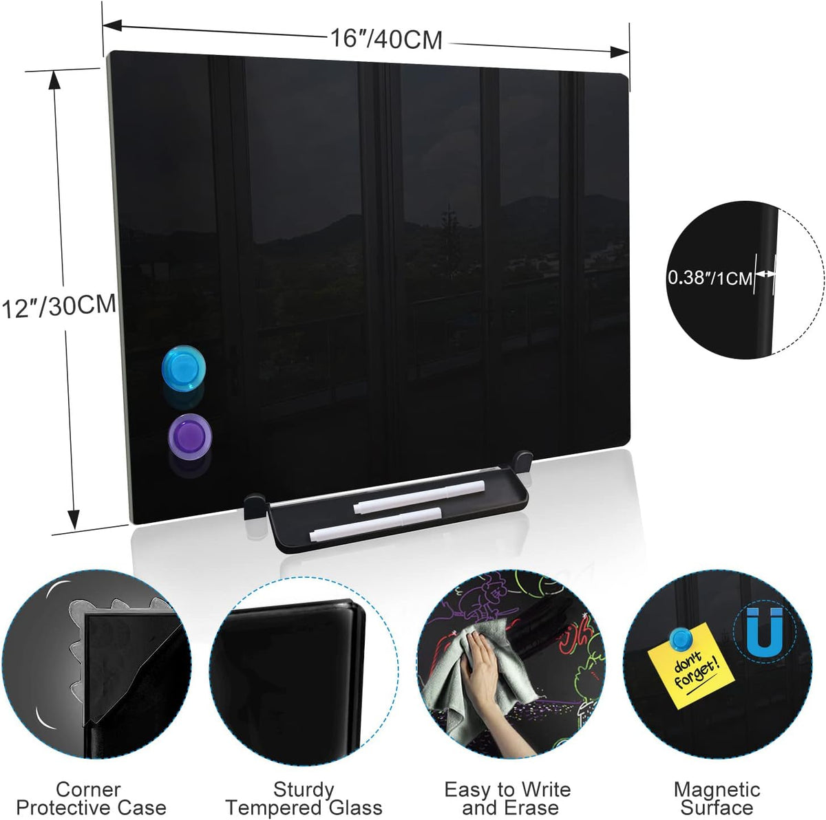 Black Magnetic Glass Board Desktop Easel, 16x12 Black Dry Erase Board for Desk, Tabletop Glass Whiteboard on Adjustable Stand, Portable Tempered Glass Board for Office Home