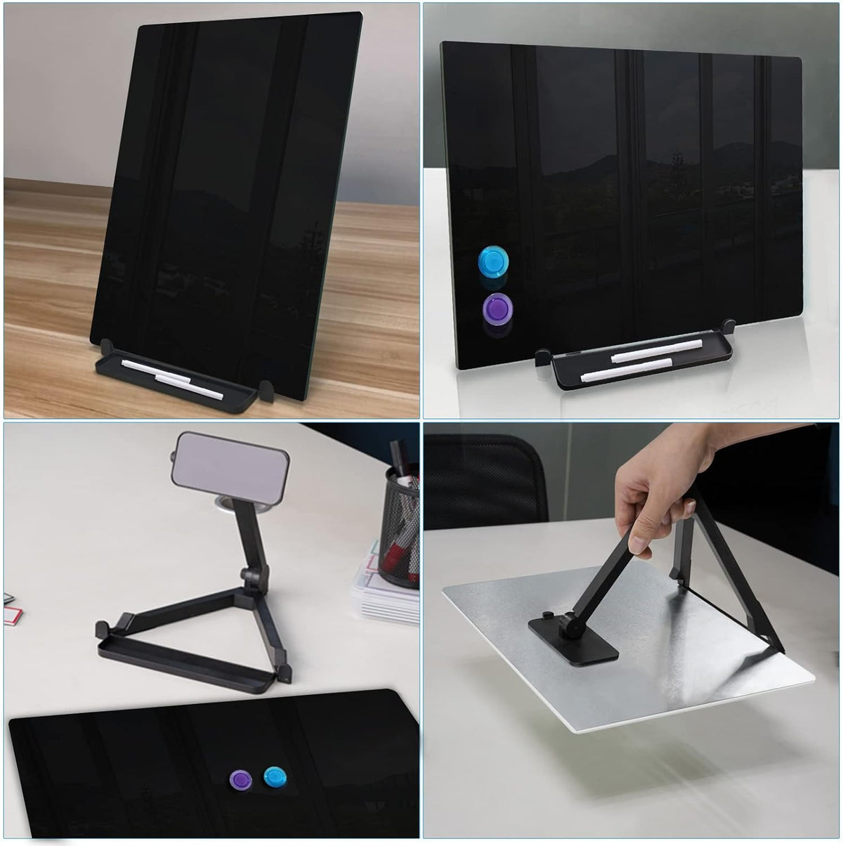 Black Magnetic Glass Board Desktop Easel, 16x12 Black Dry Erase Board for Desk, Tabletop Glass Whiteboard on Adjustable Stand, Portable Tempered Glass Board for Office Home