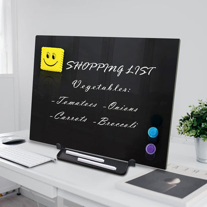 Black Magnetic Glass Board Desktop Easel, 16x12 Black Dry Erase Board for Desk, Tabletop Glass Whiteboard on Adjustable Stand, Portable Tempered Glass Board for Office Home