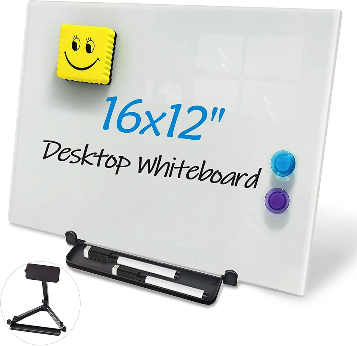 Black Magnetic Glass Board Desktop Easel, 16x12 Black Dry Erase Board for Desk, Tabletop Glass Whiteboard on Adjustable Stand, Portable Tempered Glass Board for Office Home