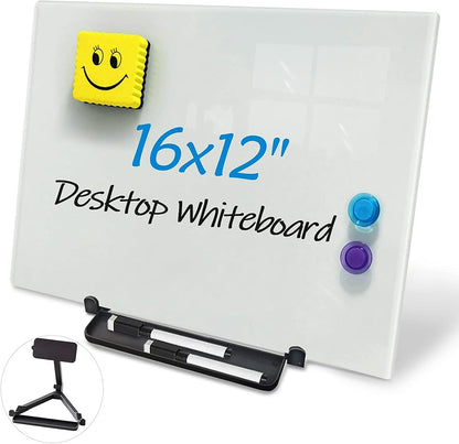 Black Magnetic Glass Board Desktop Easel, 16x12 Black Dry Erase Board for Desk, Tabletop Glass Whiteboard on Adjustable Stand, Portable Tempered Glass Board for Office Home