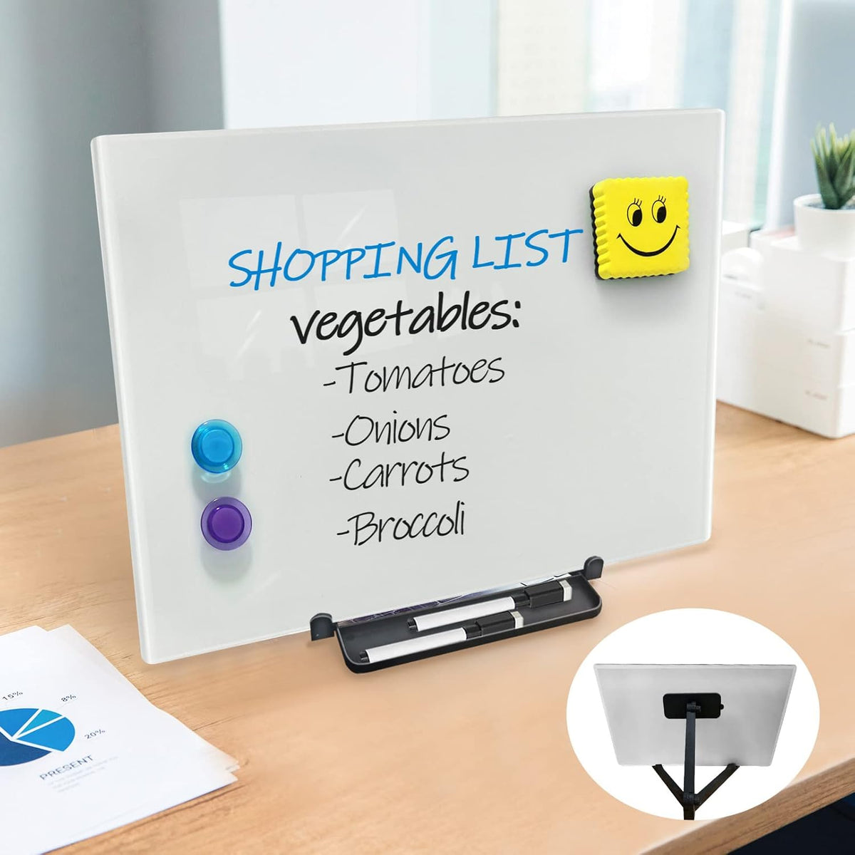 Black Magnetic Glass Board Desktop Easel, 16x12 Black Dry Erase Board for Desk, Tabletop Glass Whiteboard on Adjustable Stand, Portable Tempered Glass Board for Office Home