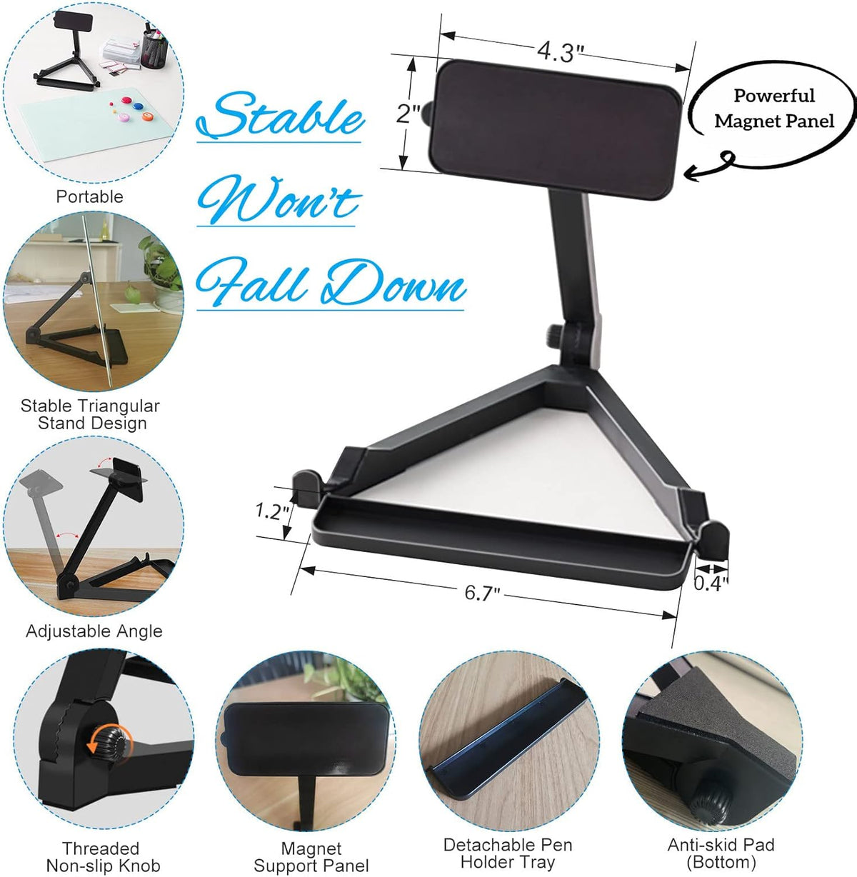 Black Magnetic Glass Board Desktop Easel, 16x12 Black Dry Erase Board for Desk, Tabletop Glass Whiteboard on Adjustable Stand, Portable Tempered Glass Board for Office Home