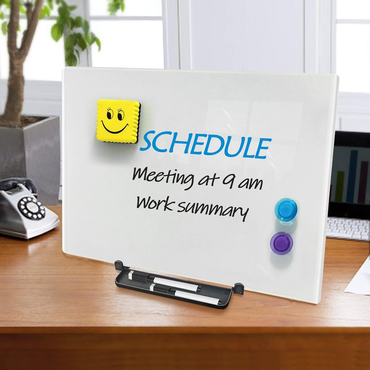 Black Magnetic Glass Board Desktop Easel, 16x12 Black Dry Erase Board for Desk, Tabletop Glass Whiteboard on Adjustable Stand, Portable Tempered Glass Board for Office Home