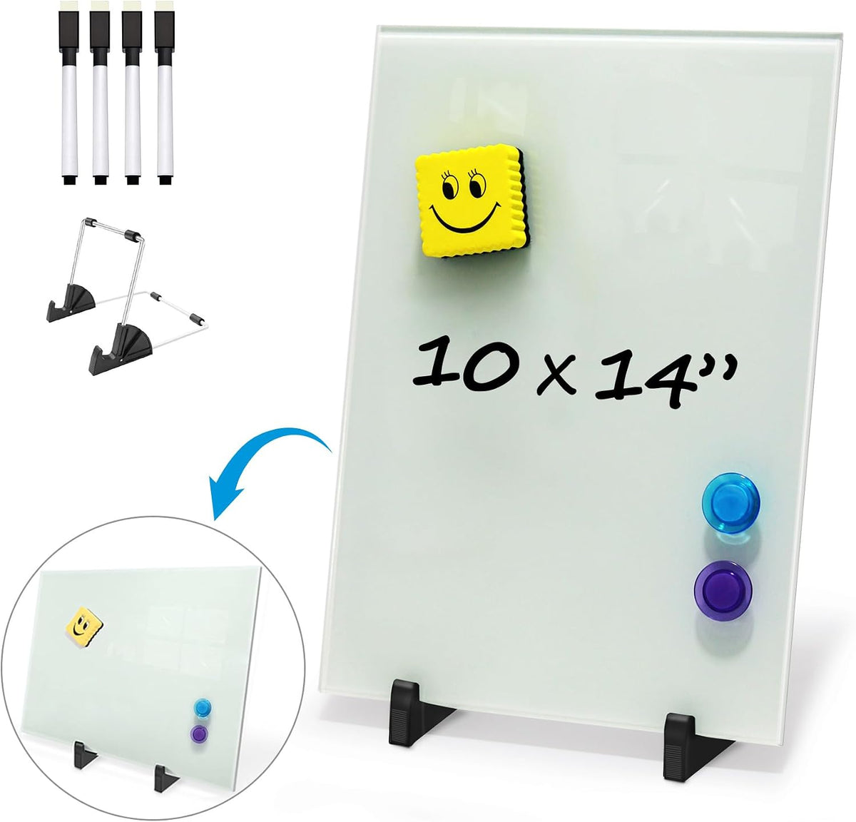 Black Magnetic Glass Board Desktop Easel, 16x12 Black Dry Erase Board for Desk, Tabletop Glass Whiteboard on Adjustable Stand, Portable Tempered Glass Board for Office Home