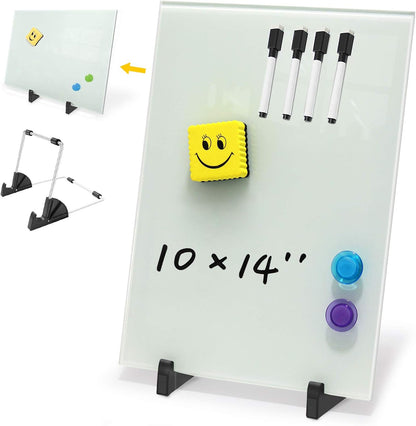 Black Magnetic Glass Board Desktop Easel, 16x12 Black Dry Erase Board for Desk, Tabletop Glass Whiteboard on Adjustable Stand, Portable Tempered Glass Board for Office Home