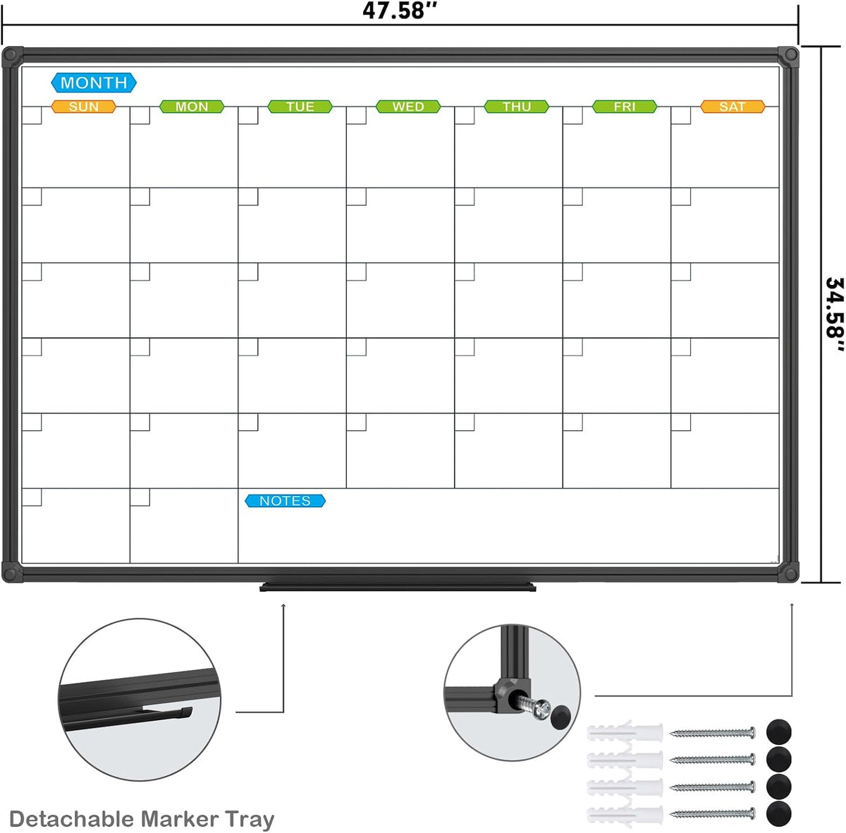 Dry Erase Calendar Whiteboard, Magnetic Month Board 36 x 24 Inch