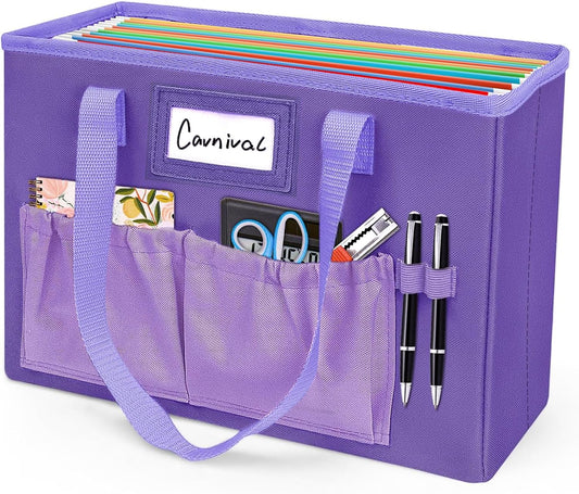 Desktop File Organizer Box,Collapsible Hanging Filing Box,Home Office Document Storage Organizer with Front Pocket and Handles, Letter Size Folder. (PURPLE)