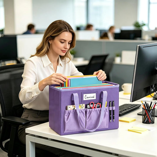 Desktop File Organizer Box,Collapsible Hanging Filing Box,Home Office Document Storage Organizer with Front Pocket and Handles, Letter Size Folder. (PURPLE)