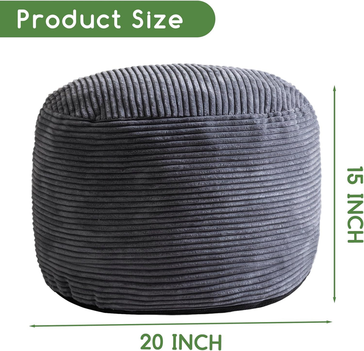 Round Stuffed Pouf Ottoman, Corduroy Poufs with Foam Chunk Filling, Furry and Fluffy Pouf Foot Stool Storage Ottoman, 20 X 15 Floor Poufs Foot Rest for Living Room, Dark Grey
