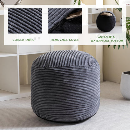 Round Stuffed Pouf Ottoman, Corduroy Poufs with Foam Chunk Filling, Furry and Fluffy Pouf Foot Stool Storage Ottoman, 20 X 15 Floor Poufs Foot Rest for Living Room, Dark Grey