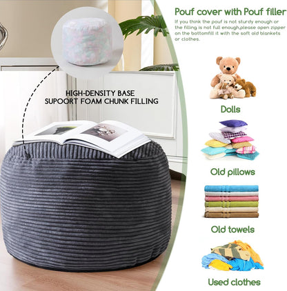 Round Stuffed Pouf Ottoman, Corduroy Poufs with Foam Chunk Filling, Furry and Fluffy Pouf Foot Stool Storage Ottoman, 20 X 15 Floor Poufs Foot Rest for Living Room, Dark Grey
