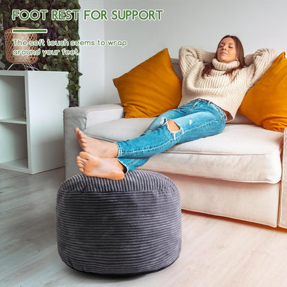 Round Stuffed Pouf Ottoman, Corduroy Poufs with Foam Chunk Filling, Furry and Fluffy Pouf Foot Stool Storage Ottoman, 20 X 15 Floor Poufs Foot Rest for Living Room, Dark Grey