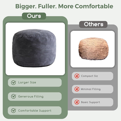 Round Stuffed Pouf Ottoman, Corduroy Poufs with Foam Chunk Filling, Furry and Fluffy Pouf Foot Stool Storage Ottoman, 20 X 15 Floor Poufs Foot Rest for Living Room, Dark Grey