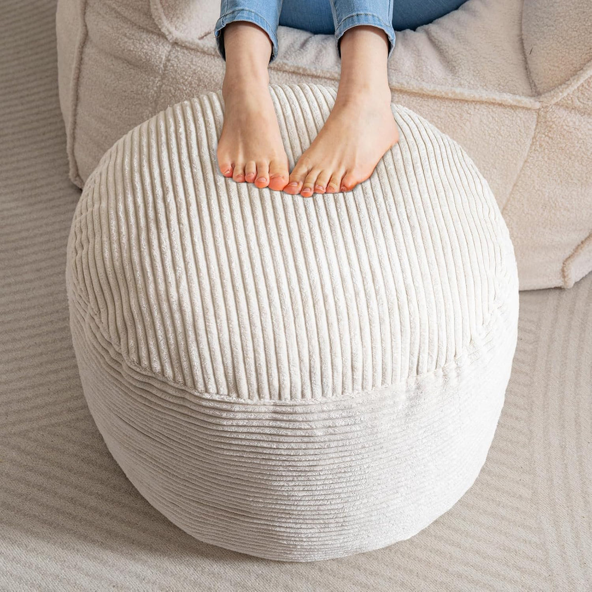 Round Stuffed Pouf Ottoman, Corduroy Poufs with Foam Chunk Filling, Furry and Fluffy Pouf Foot Stool Storage Ottoman, 20 X 15 Floor Poufs Foot Rest for Living Room, Dark Grey