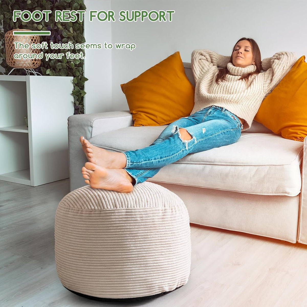 Round Stuffed Pouf Ottoman, Corduroy Poufs with Foam Chunk Filling, Furry and Fluffy Pouf Foot Stool Storage Ottoman, 20 X 15 Floor Poufs Foot Rest for Living Room, Dark Grey
