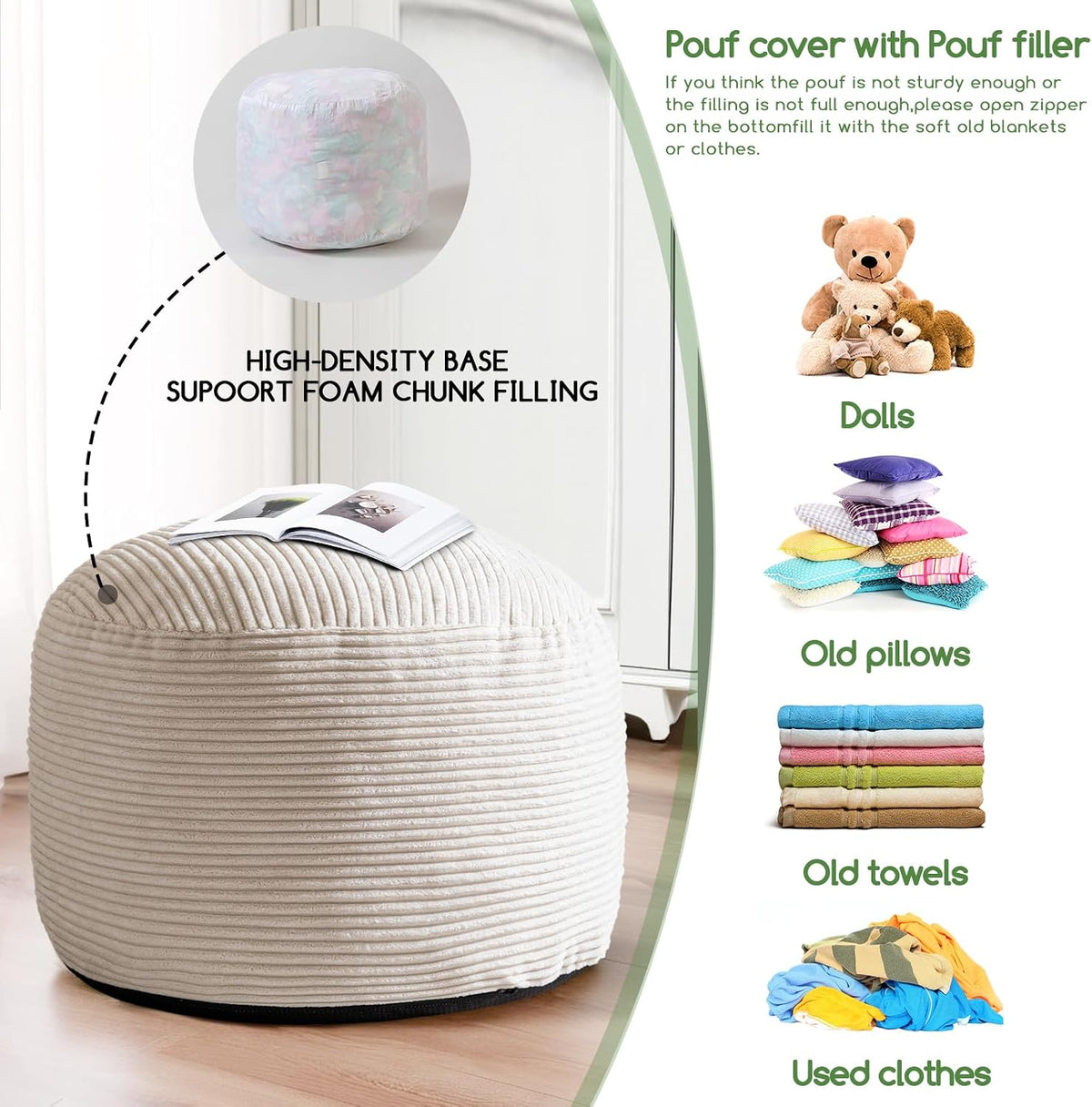 Round Stuffed Pouf Ottoman, Corduroy Poufs with Foam Chunk Filling, Furry and Fluffy Pouf Foot Stool Storage Ottoman, 20 X 15 Floor Poufs Foot Rest for Living Room, Dark Grey