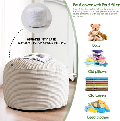 Round Stuffed Pouf Ottoman, Corduroy Poufs with Foam Chunk Filling, Furry and Fluffy Pouf Foot Stool Storage Ottoman, 20 X 15 Floor Poufs Foot Rest for Living Room, Dark Grey