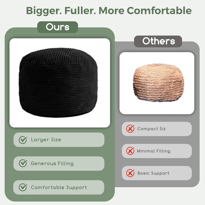Round Stuffed Pouf Ottoman, Corduroy Poufs with Foam Chunk Filling, Furry and Fluffy Pouf Foot Stool Storage Ottoman, 20 X 15 Floor Poufs Foot Rest for Living Room, Dark Grey