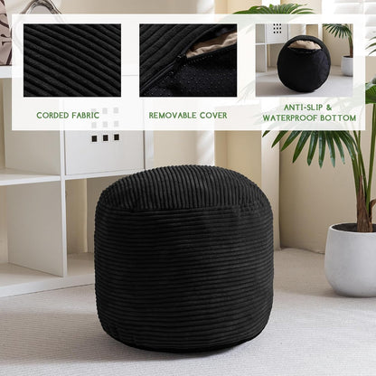 Round Stuffed Pouf Ottoman, Corduroy Poufs with Foam Chunk Filling, Furry and Fluffy Pouf Foot Stool Storage Ottoman, 20 X 15 Floor Poufs Foot Rest for Living Room, Dark Grey