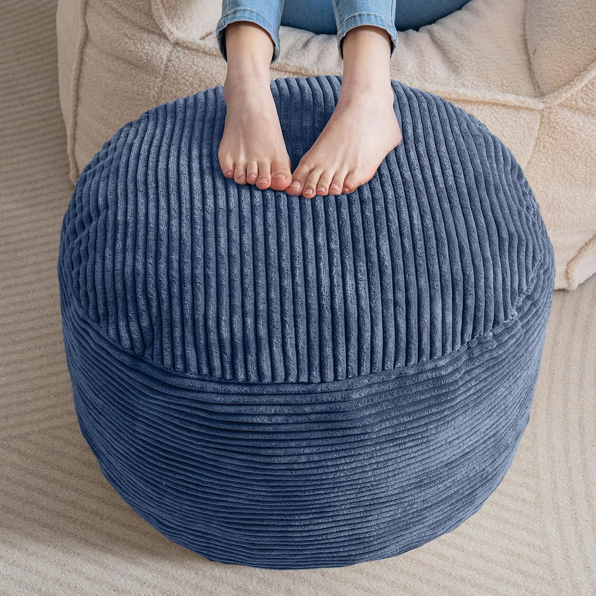Round Stuffed Pouf Ottoman, Corduroy Poufs with Foam Chunk Filling, Furry and Fluffy Pouf Foot Stool Storage Ottoman, 20 X 15 Floor Poufs Foot Rest for Living Room, Dark Grey