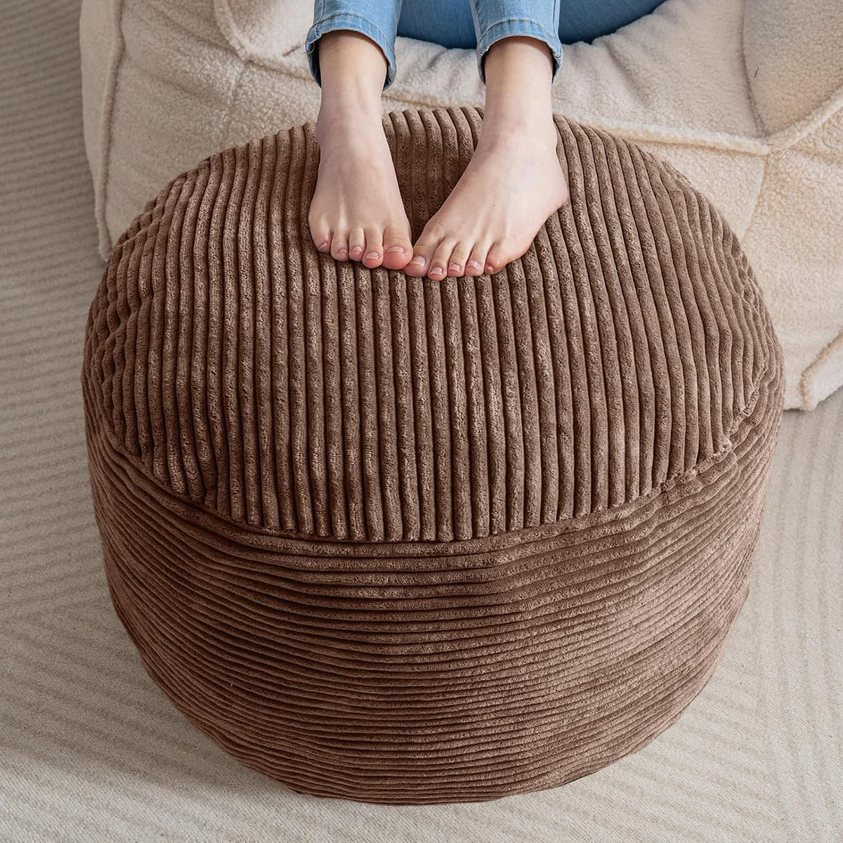 Round Stuffed Pouf Ottoman, Corduroy Poufs with Foam Chunk Filling, Furry and Fluffy Pouf Foot Stool Storage Ottoman, 20 X 15 Floor Poufs Foot Rest for Living Room, Dark Grey