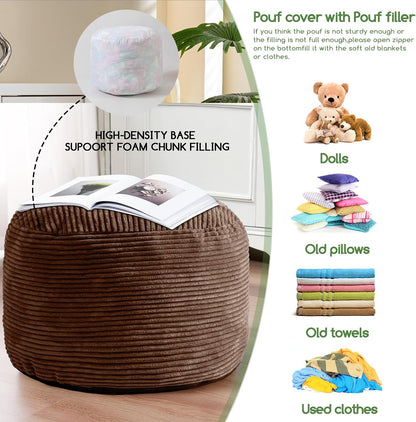 Round Stuffed Pouf Ottoman, Corduroy Poufs with Foam Chunk Filling, Furry and Fluffy Pouf Foot Stool Storage Ottoman, 20 X 15 Floor Poufs Foot Rest for Living Room, Dark Grey