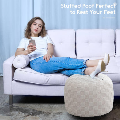 Round Stuffed Pouf Ottoman, Corduroy Poufs with Foam Chunk Filling, Furry and Fluffy Pouf Foot Stool Storage Ottoman, 20 X 15 Floor Poufs Foot Rest for Living Room, Dark Grey