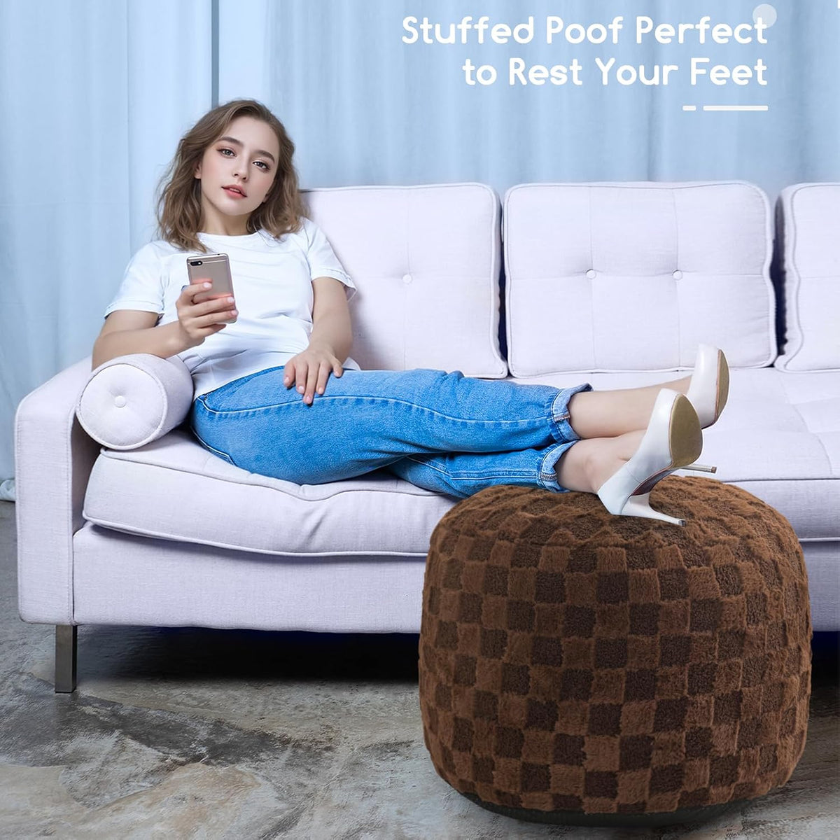 Round Stuffed Pouf Ottoman, Corduroy Poufs with Foam Chunk Filling, Furry and Fluffy Pouf Foot Stool Storage Ottoman, 20 X 15 Floor Poufs Foot Rest for Living Room, Dark Grey