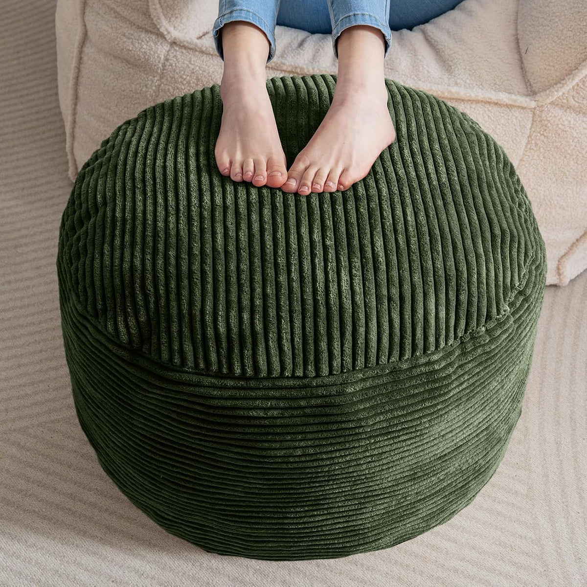 Round Stuffed Pouf Ottoman, Corduroy Poufs with Foam Chunk Filling, Furry and Fluffy Pouf Foot Stool Storage Ottoman, 20 X 15 Floor Poufs Foot Rest for Living Room, Dark Grey