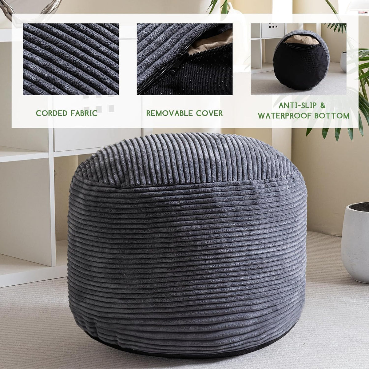 Round Stuffed Pouf Ottoman, Corduroy Poufs with Foam Chunk Filling, Furry and Fluffy Pouf Foot Stool Storage Ottoman, 20 X 15 Floor Poufs Foot Rest for Living Room, Dark Grey