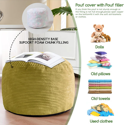 Round Stuffed Pouf Ottoman, Corduroy Poufs with Foam Chunk Filling, Furry and Fluffy Pouf Foot Stool Storage Ottoman, 20 X 15 Floor Poufs Foot Rest for Living Room, Dark Grey