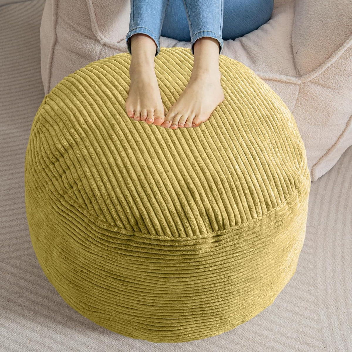 Round Stuffed Pouf Ottoman, Corduroy Poufs with Foam Chunk Filling, Furry and Fluffy Pouf Foot Stool Storage Ottoman, 20 X 15 Floor Poufs Foot Rest for Living Room, Dark Grey