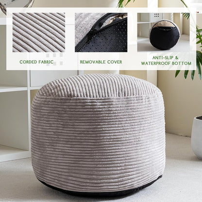 Round Stuffed Pouf Ottoman, Corduroy Poufs with Foam Chunk Filling, Furry and Fluffy Pouf Foot Stool Storage Ottoman, 20 X 15 Floor Poufs Foot Rest for Living Room, Dark Grey