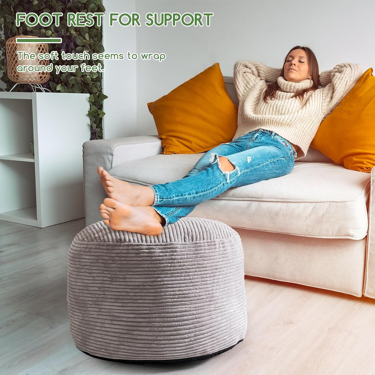 Round Stuffed Pouf Ottoman, Corduroy Poufs with Foam Chunk Filling, Furry and Fluffy Pouf Foot Stool Storage Ottoman, 20 X 15 Floor Poufs Foot Rest for Living Room, Dark Grey