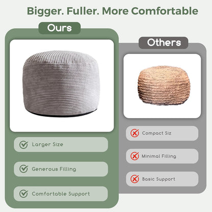 Round Stuffed Pouf Ottoman, Corduroy Poufs with Foam Chunk Filling, Furry and Fluffy Pouf Foot Stool Storage Ottoman, 20 X 15 Floor Poufs Foot Rest for Living Room, Dark Grey