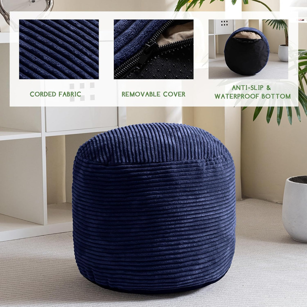 Round Stuffed Pouf Ottoman, Corduroy Poufs with Foam Chunk Filling, Furry and Fluffy Pouf Foot Stool Storage Ottoman, 20 X 15 Floor Poufs Foot Rest for Living Room, Dark Grey