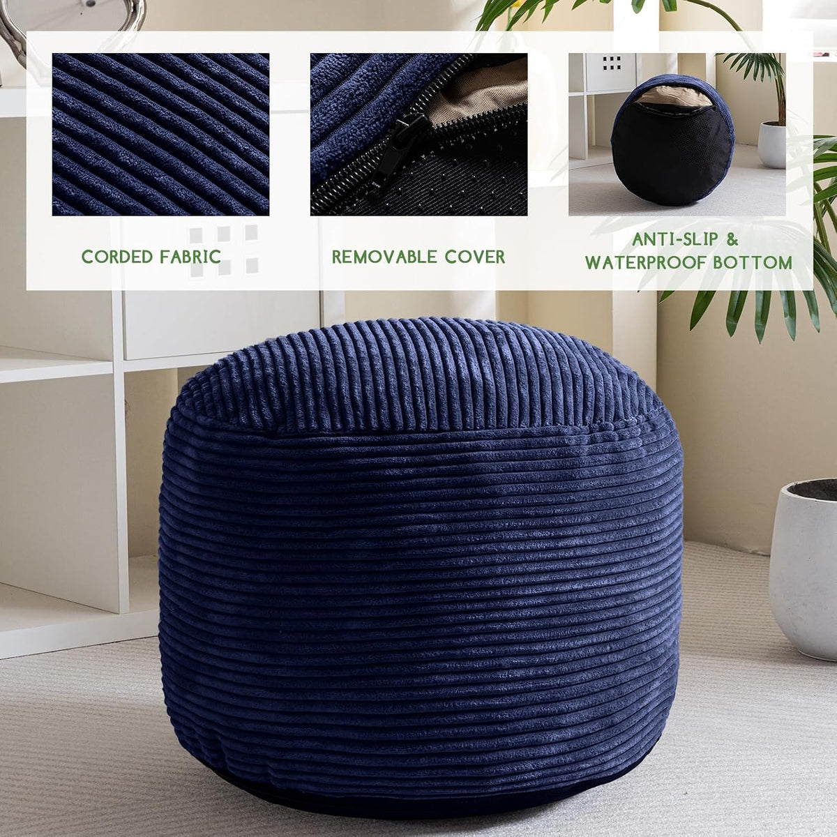 Round Stuffed Pouf Ottoman, Corduroy Poufs with Foam Chunk Filling, Furry and Fluffy Pouf Foot Stool Storage Ottoman, 20 X 15 Floor Poufs Foot Rest for Living Room, Dark Grey